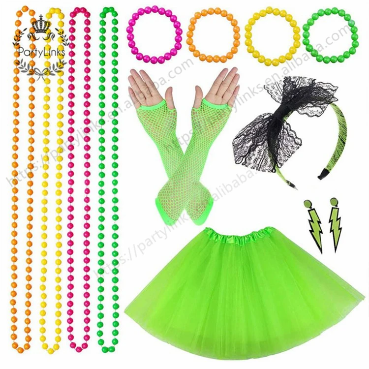 Women 80s Fancy Dress Accessories Retro Party Costume Set Adult Tutu Skirt Neon Fishnet Gloves Beaded Necklace Bracelet Earrings