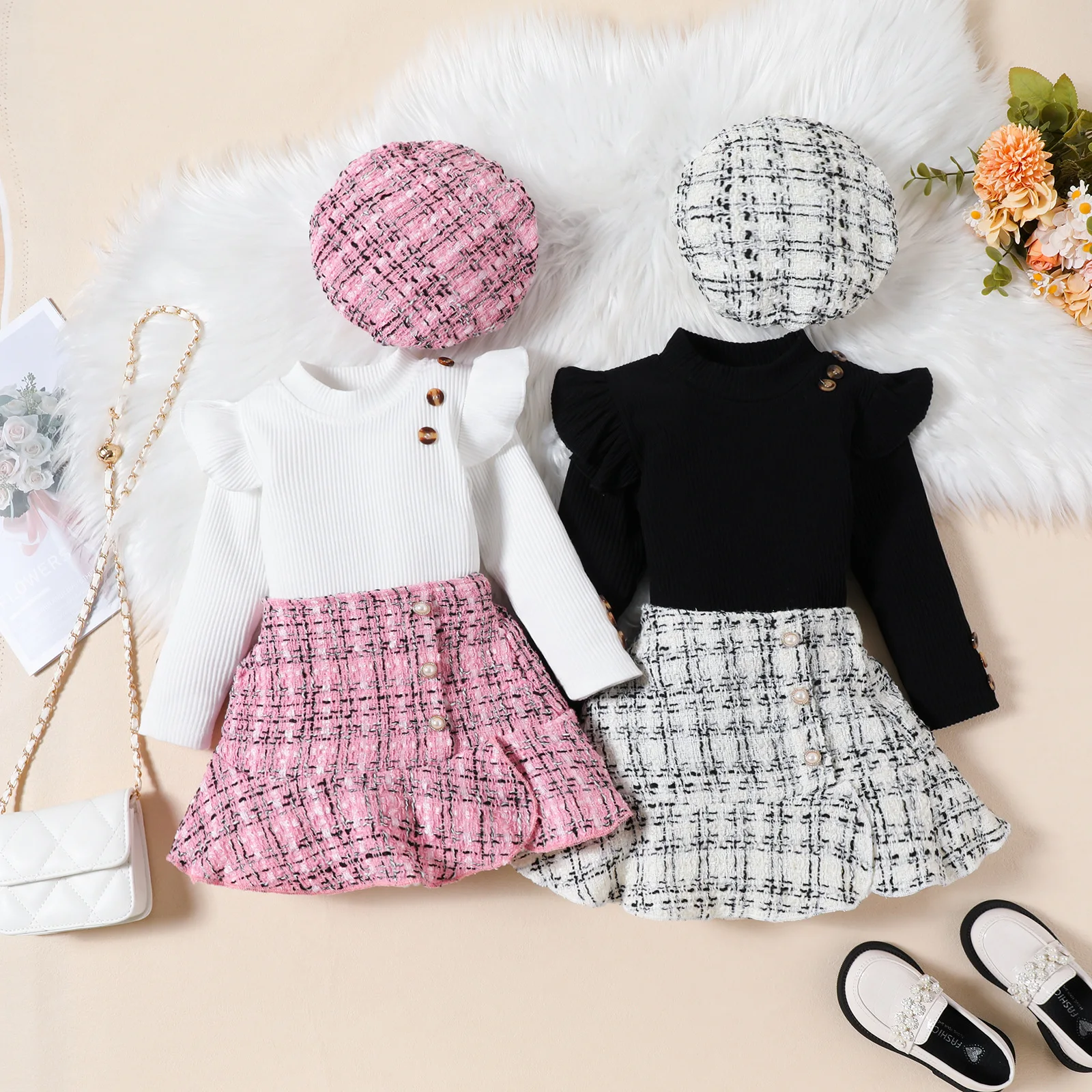 Qingli ODM Custom Factory European Fashion Baby Girl Winter Cotton Clothes Set Casual Pink Plaid Skirt and Top for Children