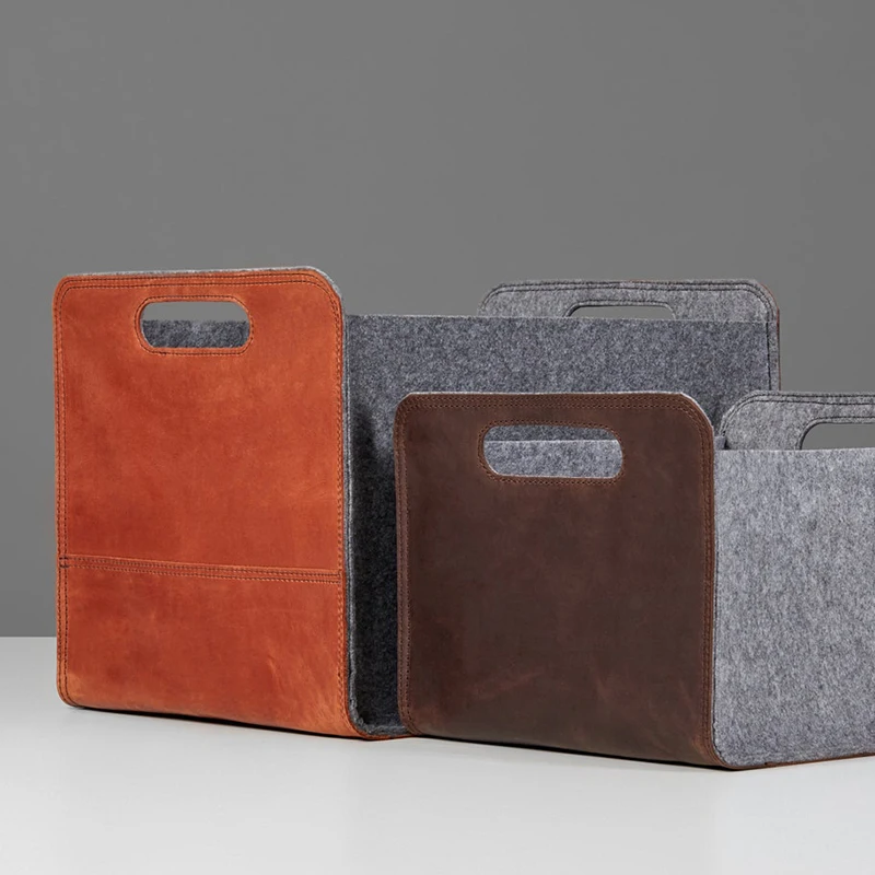 Felt Storage Basket with Leather Sides Felt Storage Bin with Handles Organizer