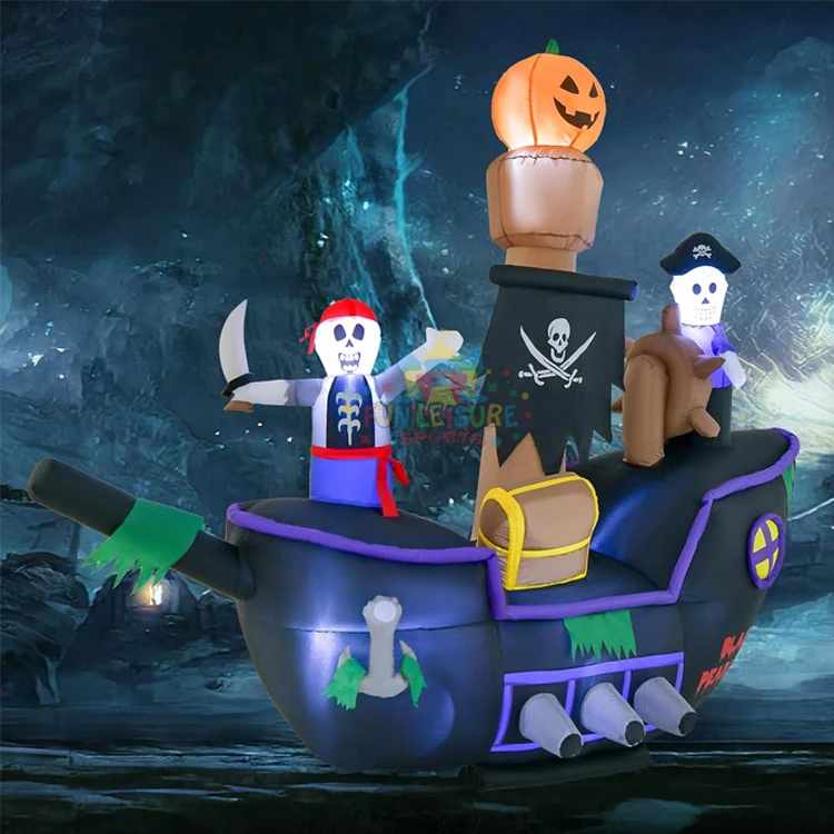 Blow-up yard decoration with bright led light 7ft halloween inflatable skeletons ghosts on pirate ship
