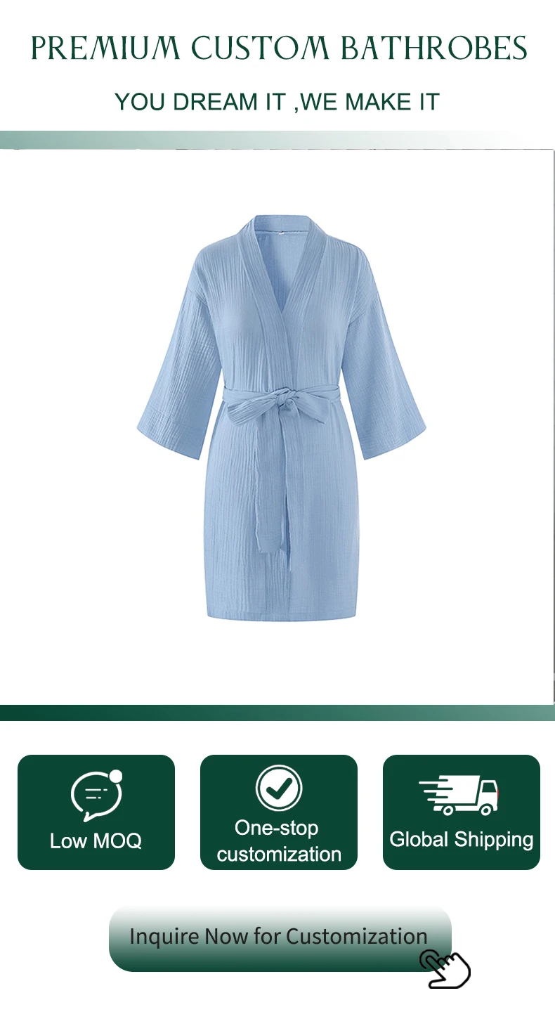 customized 100% cotton pajamas robe soild color woman sleepwear soft gauze nightgown V-neck bathrobe