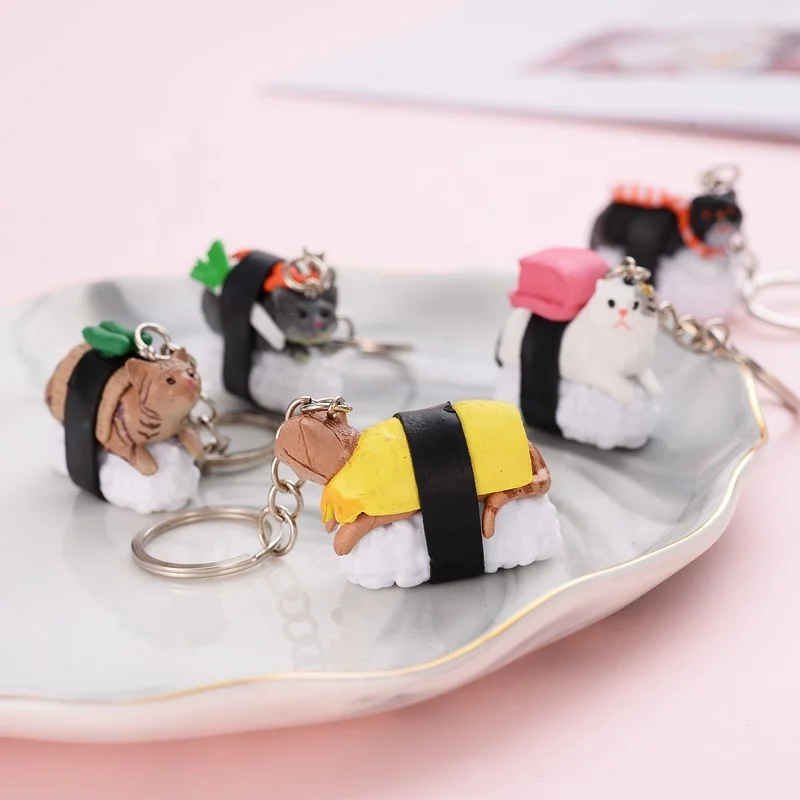 
Hot Selling New Personality Funny Creative Cat Sushi Resin Metal Keychain 