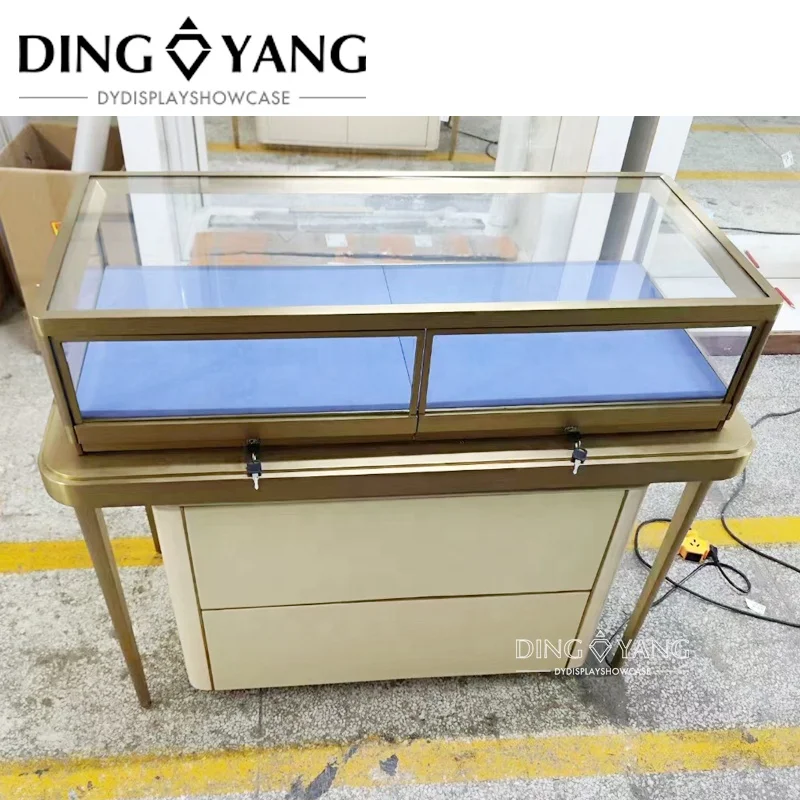 Customized Nice Design Fashion Rectangle 48 X 22 X 38 INCHES Brush Golden Jewelry Glass Showcase With Bright Led Lights