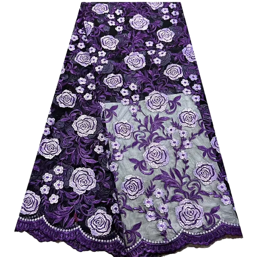 Фиолетовая плотная сетчатая двухцветная вышитая розой тюлеевая ткань для немецкой одежды