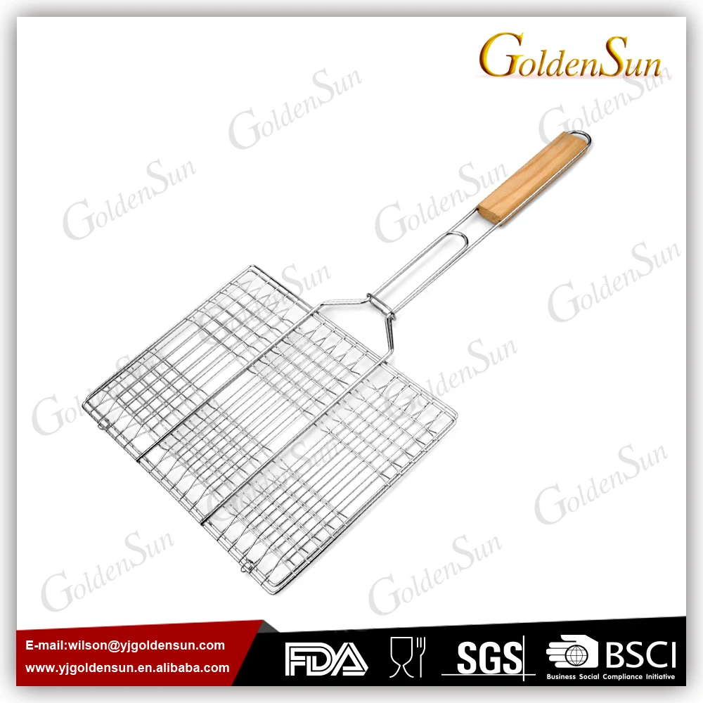 Chrome Plated 6 hamburger BBQ Grilling Basket With Wooden Handle