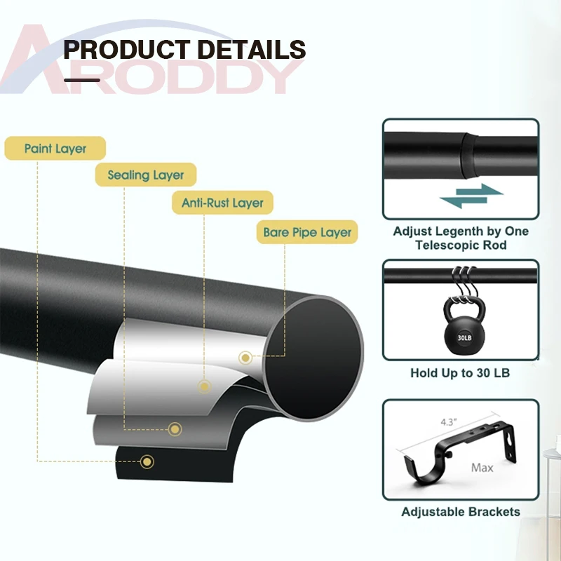ARODDY 48-84 inch Matte Black Splicing Heavy Duty Metal with Brackets Curtain Rod for Window Decorative Curtain Pole Extendable