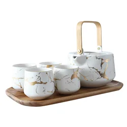 Flypeak Hot Selling Nordic Marbled Household Tea Set Japanese Black And White Porcelain Ceramic Teapot Set