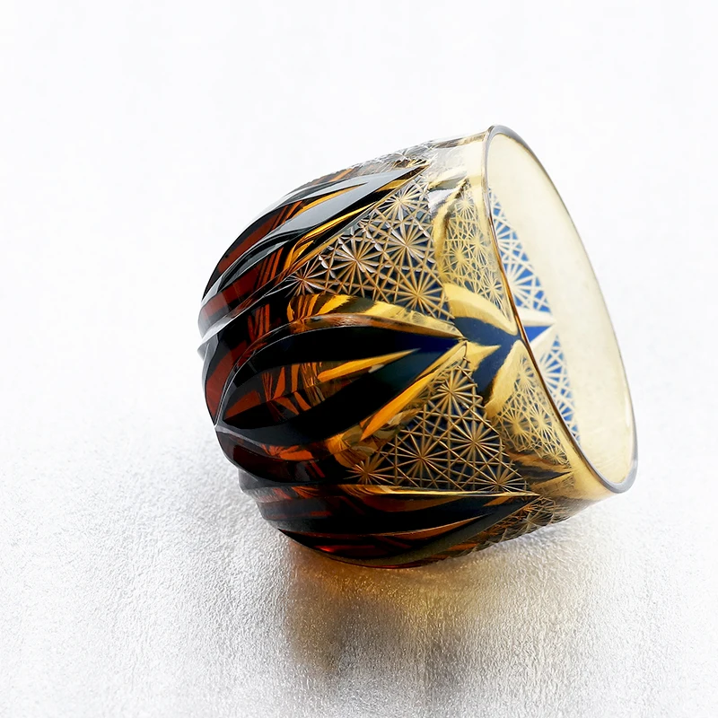 Amber blue sake glass tea cup Japanese Edo Kiriko style cut to clear luxury mini shot glass for Christmas seasons gift
