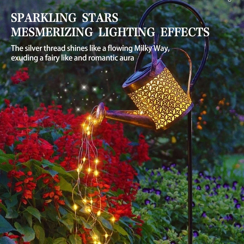 Howlighitng Patio Yard Pathway Plant Vine Lights Waterproof Fairy Lights Hanging Metal Waterfall Solar Kettle Watering Light