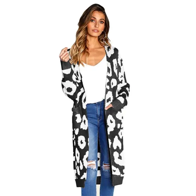 Wholesale Fashion Custom Midi Loose Leopard Print Women Cadigan Outwear Open Knitted Sweater Long Cardigans