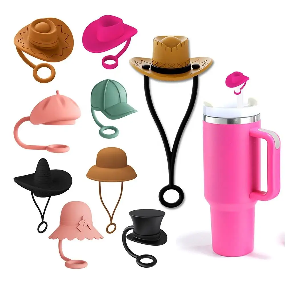 2024 New Fashion 10mm Cowboy Hat Cap Shape Silicone Straw Topper For Cup Tumbler Accessories Straw Tip Cover Cap