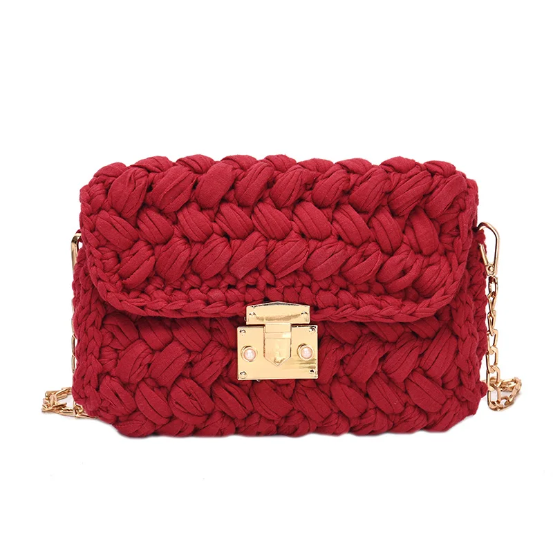 
BSCI Factory 2020 new trend lady woven handmade bag fashion cloth knit women chain handbag 