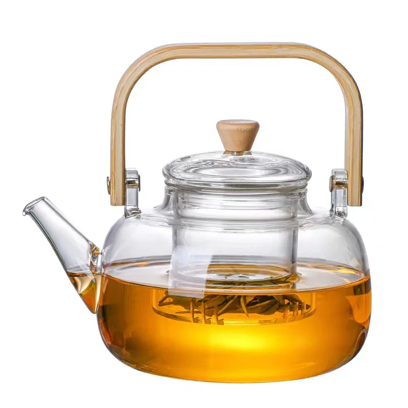 1000ML/33.5OZ Stovetop Glass Teapot With Bamboo Wooden Handle And Glass Infuser Strainer For Loose Tea