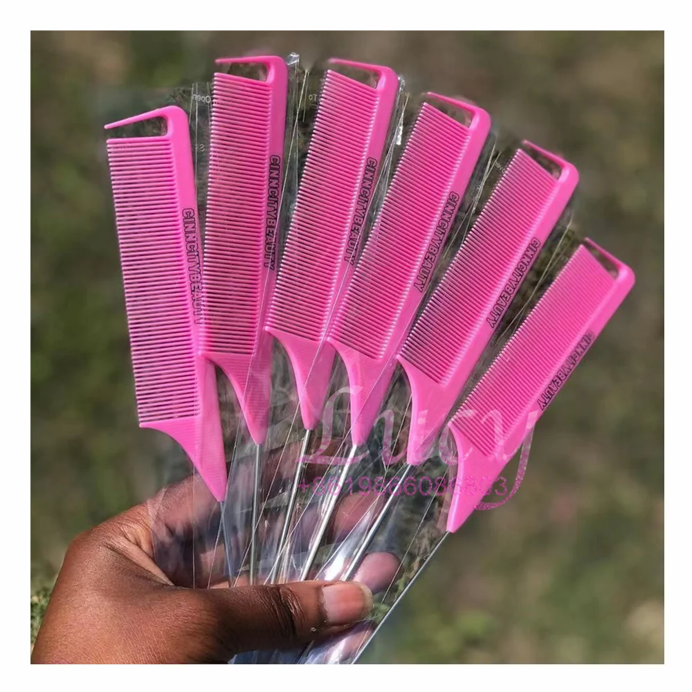 Hot selling custom private label Pink Hair Tinting Parting Comb salon styling metal pin rat tail carbon braiding comb for women