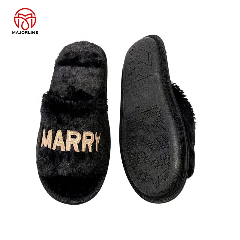 OEM full customized Winter Plush Furry one band Open Toe Indoor embroidery Logo  Warm Faux Rabbit Fur Women Cozy Slippers