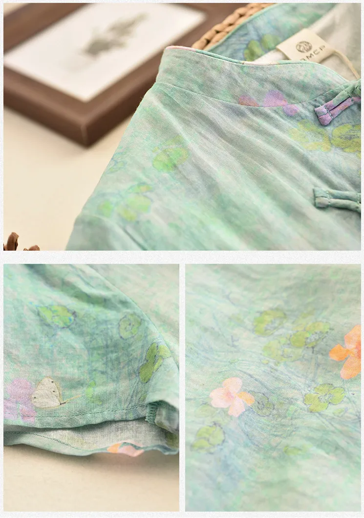 Custom Chinese Linen Dress cheongsam Robes Soft Cotton Linen Print Floral Frog Button Vintage Women Casual Midi Dress