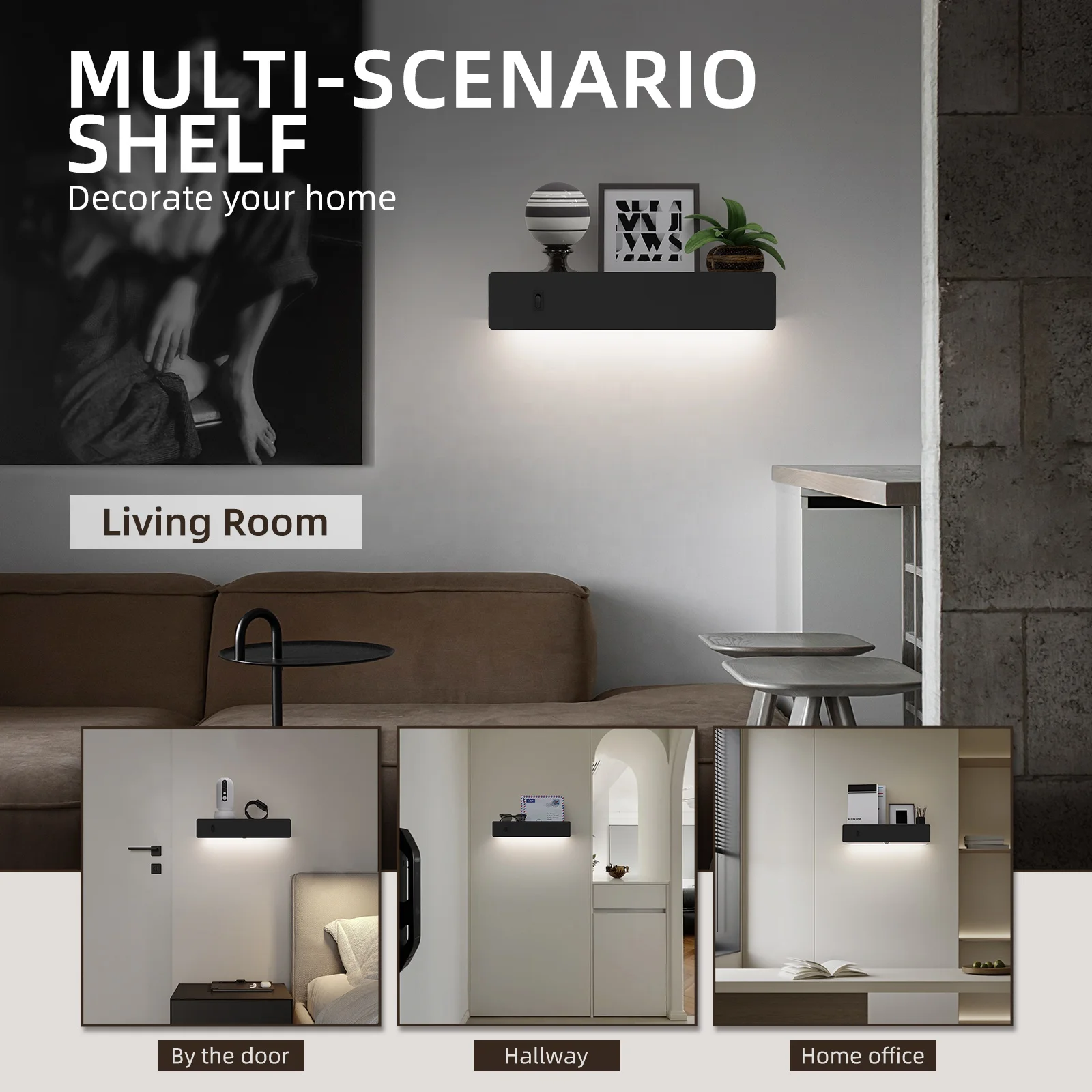 HYMELA M12 Modern LED Wall Sconces w/ Shelf 2 In 1 Hardwired/ Plug In Motion Sensor Dimmable Wall Lamp 3000K Wall Mounted Light