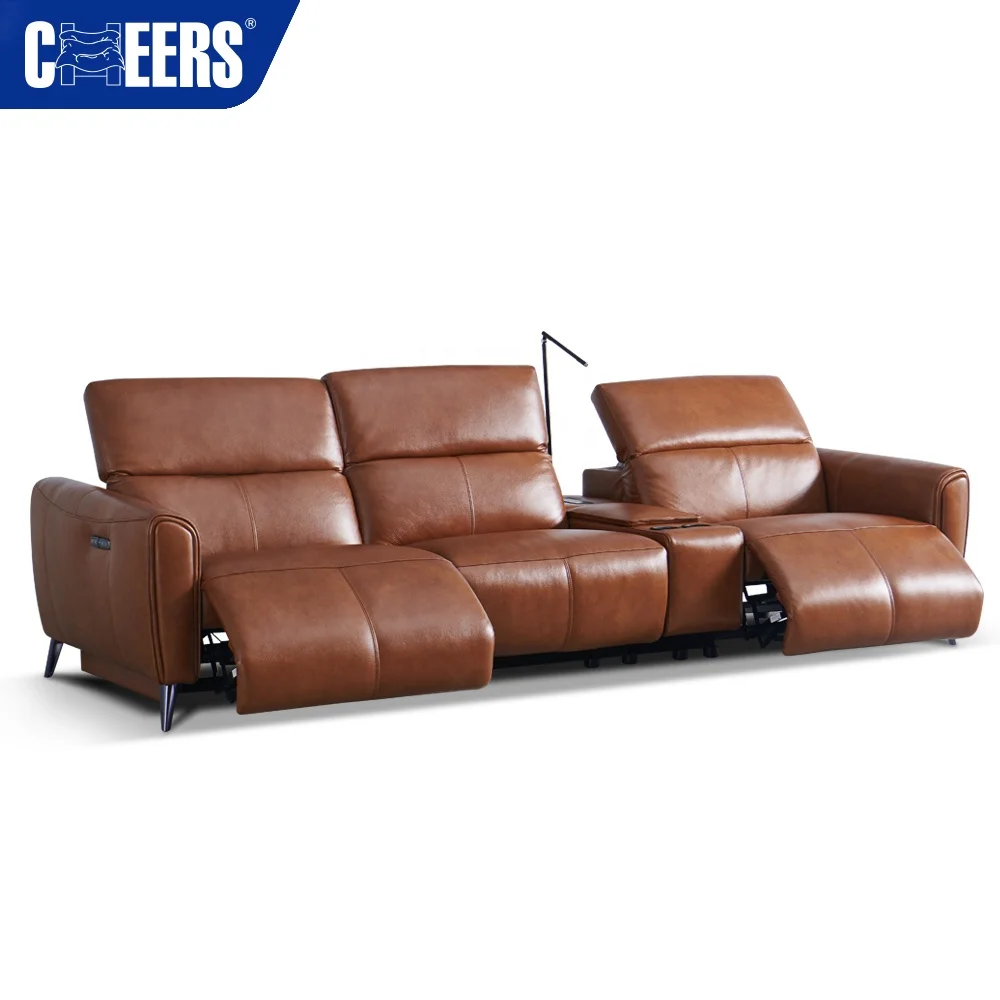 MANWAH CHEERS Brown Genuine Leather Triple Power Recliner Sofa With Hinge Console And Reading Light