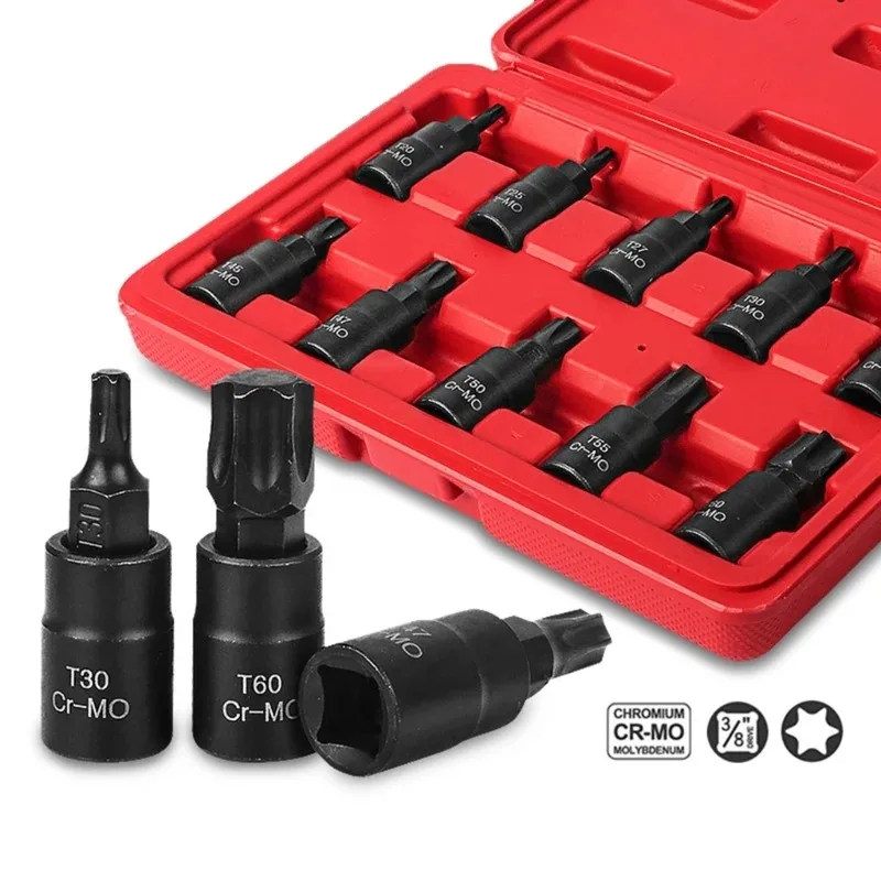 High-Quality Manual Maintenance Tools 10pc Cr- Mo 3/8' Drive T20-T60 Torx Bit Socket Nuts Set