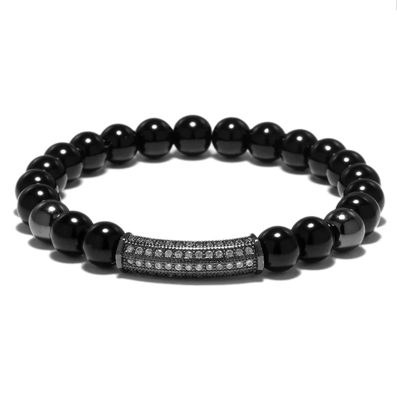Brand New Copper Bead 8mm Natural Black Onyx Strand Rose gold silver Bracelet Micro Pave CZ Curved Tube Charm Bracelet