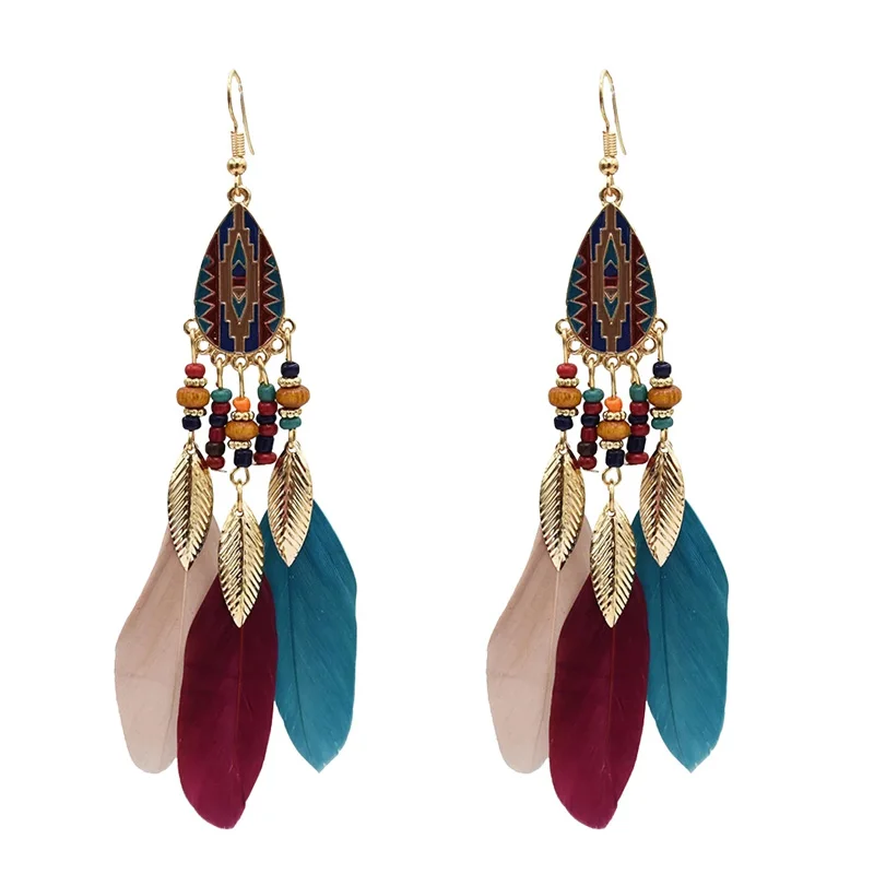 2021 Vintage Gold Leaf Alloy Tassel Dangle Earrings For Women Bohemia Gypsy Hippie Red Feather Statement Earrings Jhumka Jewelry