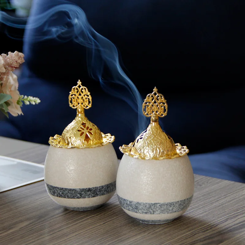 Manufacturers selling marble pattern ceramic incense burner oval incense burner stand with gilded cover