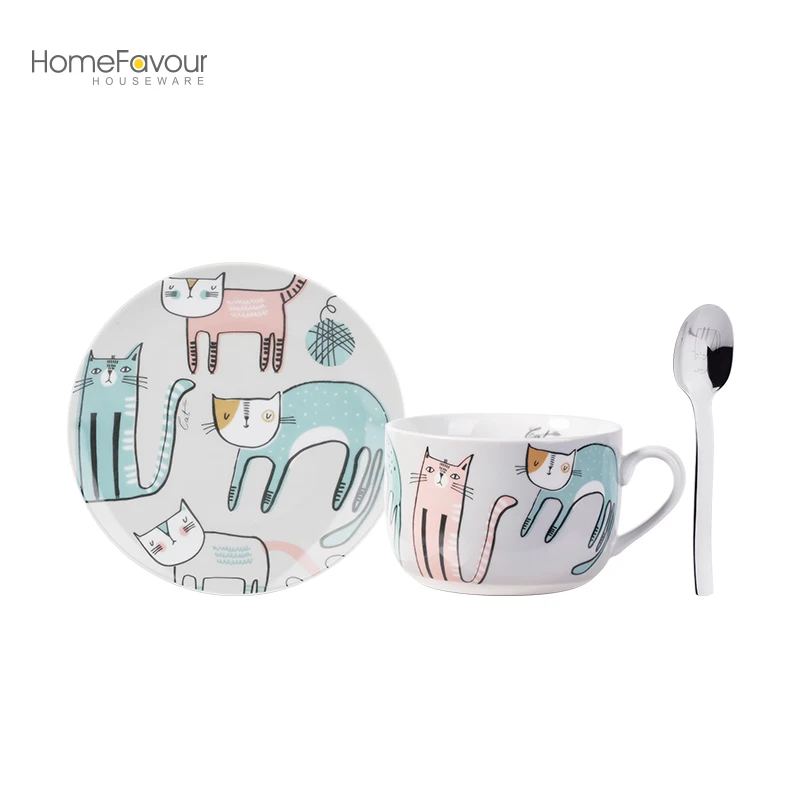 Cute Cat Animals 3 pieces Plate And Breakfast Mug Set With Coffee Spoon High Quality Porcelain Set For Kids
