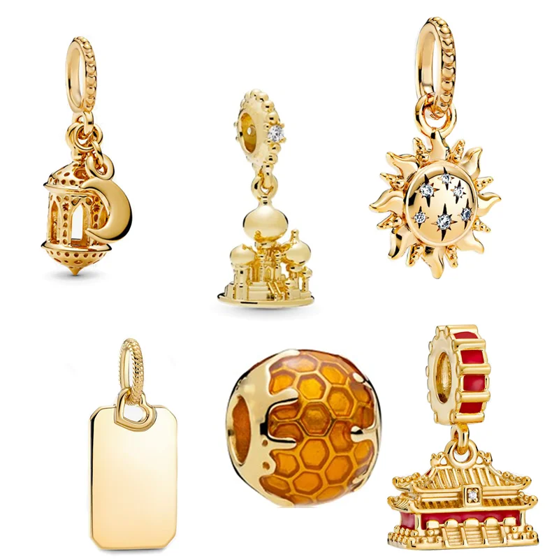 925 Sterling Silver Moon Sun Palace Tiananmen Square Pendant Honeycomb Golden Beads Fit Original Pan Charms Bracelet DIY Jewelry