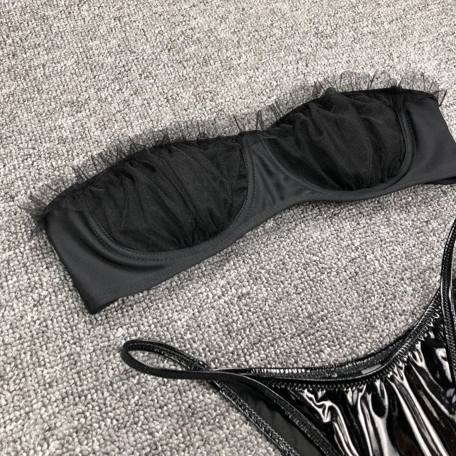 Womens Lace Elasticity Net Yarn Leather Bandeau Beach Bikini Set Triangle Swimwear Pool Swimsuit