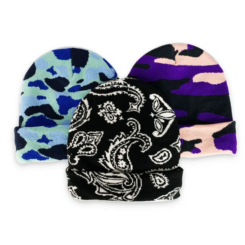 HK29 New arrivals fashion winter warm camo beanie camouflage hat bandanna jacquard knitted wool beanie acrylic hat for men