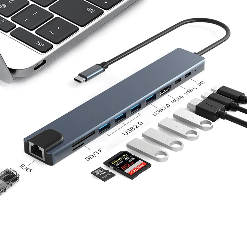 Высокоскоростной USB-концентратор 8 в 1, 10 в 1, с портами SD, TF, 100 Вт
