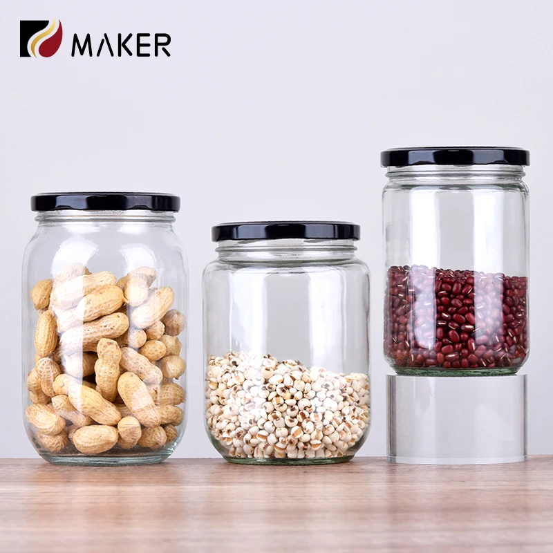 Food Storage Pickles Jars 500ml Round Airtight Glass Jar With Black Lid Cover For Honey Spices Dry Fruits Jam Nuts Peanut Butter