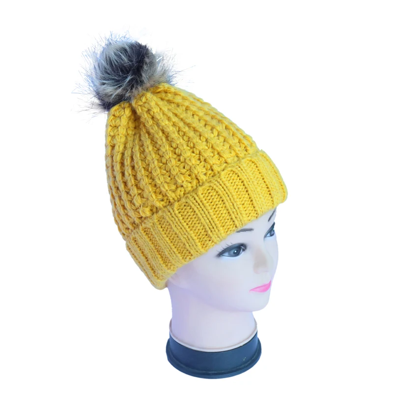 wholesale Yellow knit Beanie cap 100% Acrylic ski sports caps winter hats for women custom Beanie hats for women