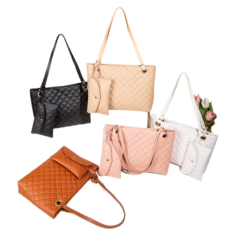 Logo designer brand Fashion Cheap Woman Tote Bag Pure Color Large Capacity Lattice Handbag 2 Pieces Set Shoulder