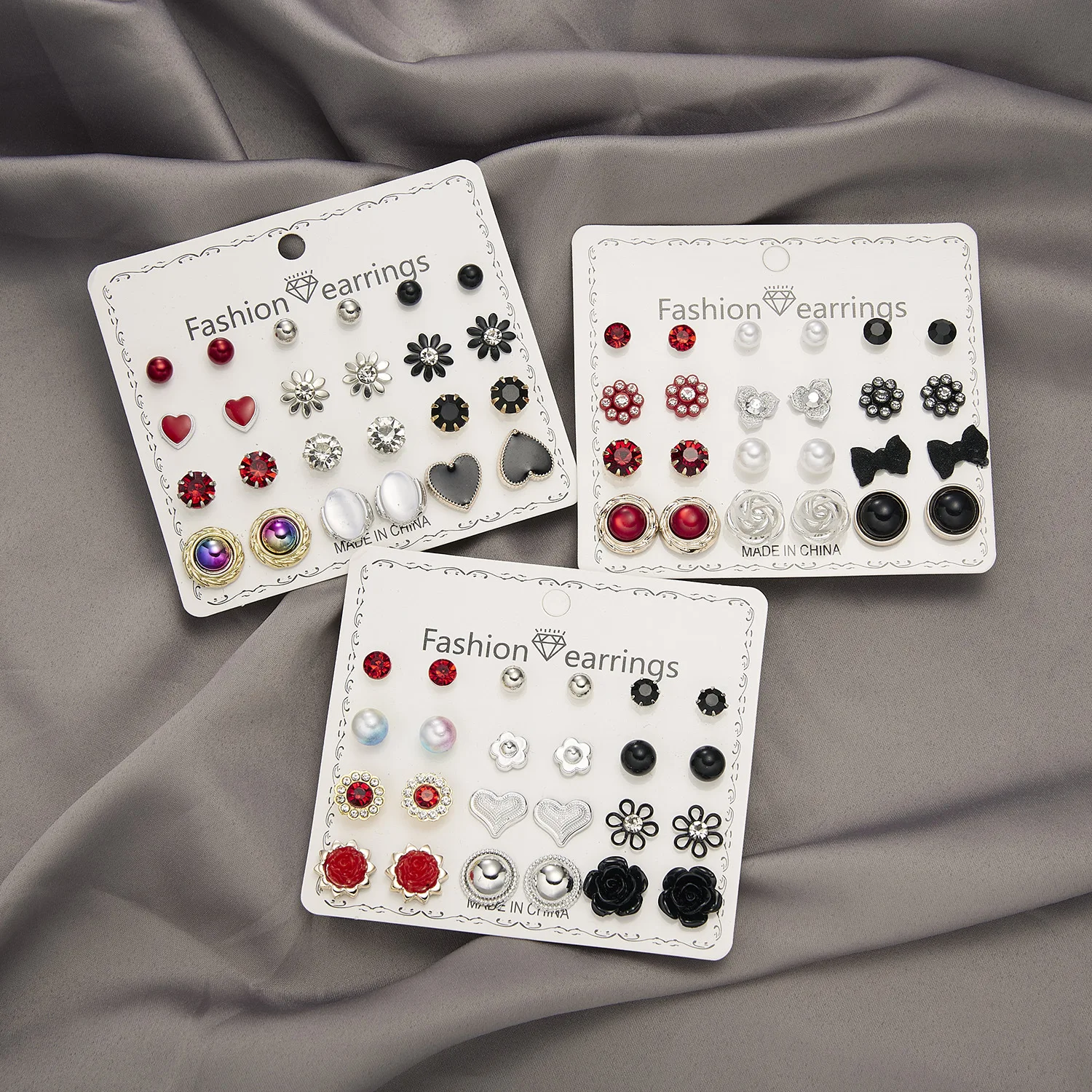 wholesale fashion jewelry 12 pairs/set love flower rhinestone pearl earrings set for women