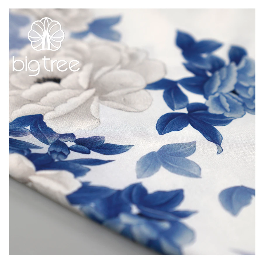 Custom Printed 100% poly Blue and White Vintage Floral Digital Print Silk Satin Fabric Textile for Abaya Dress