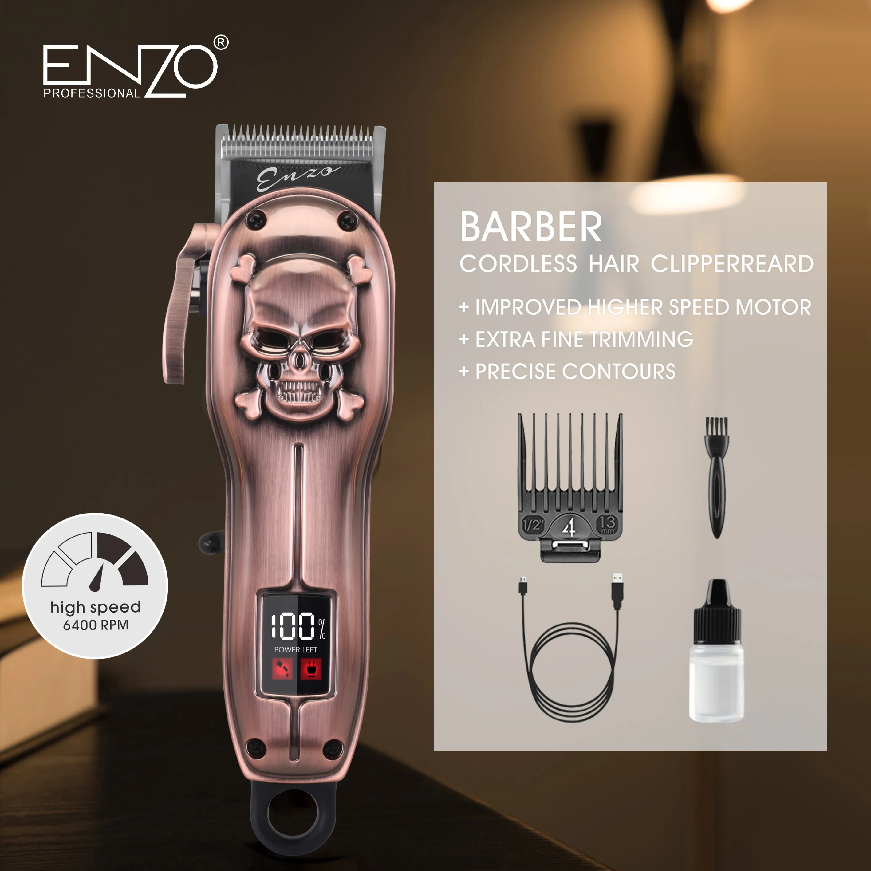 ENZO EN-1413 Professional Men Cordless Hair Clipper Machine Trimmer Baldheaded Hair Clipper Zero Gapped Detail Beard Shaver