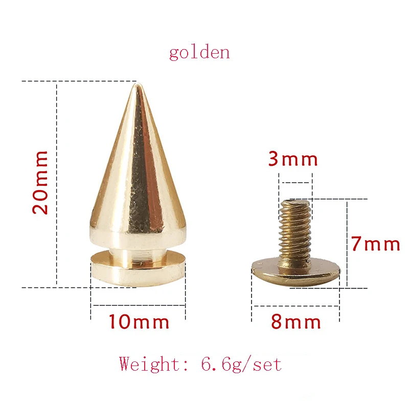 High Quality 10x20mm Leather Punk Brass Jeans Spikes Cone Rivets Screw Studs For Garment Red/Fuchsia/Purple