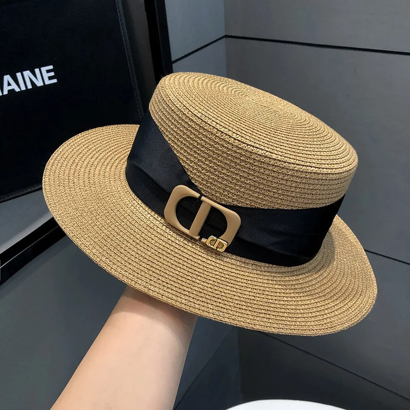 HT-2588 Wholesale Plain Flat Brim Flower Straw Hat Women Spring and Summer Outdoor Sunshade Fedora Fisherman Bucket Hats
