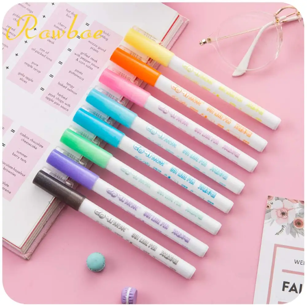 
Gift Card Writing & Drawing Double Line Outline Pen,Creative Art Marker 8 Color Double Line Pen Light Color Fluorescent Marker 