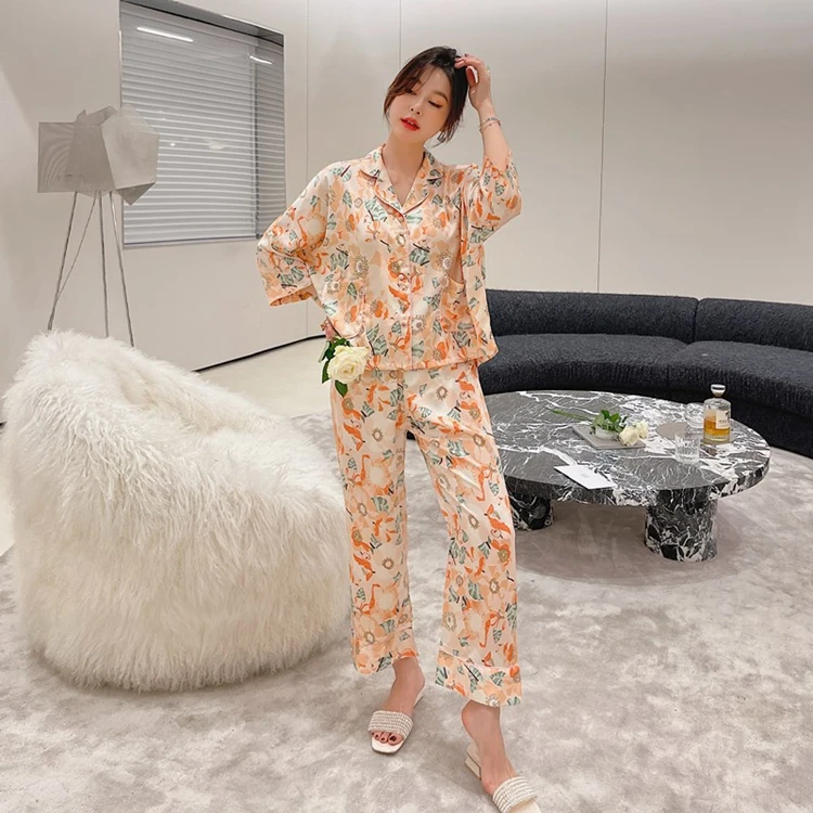 Fashion Women New Long-Sleeve Loose and cute cat print Satin Sleepwear Pajamas Loungewear Set