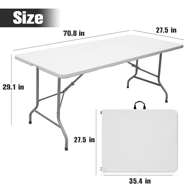 Professional White Folding Table 6ft HDPE Plastic Rectangular Portable for Garden Events Camping with Steel Legs