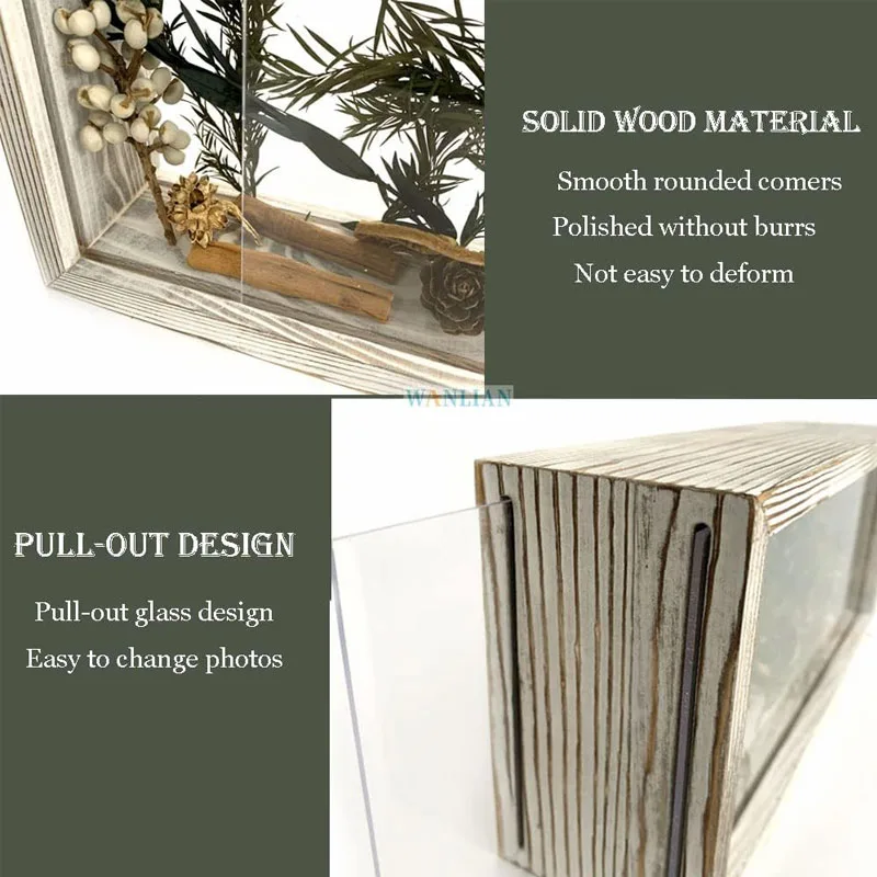 Wood Box Frame Double Sided Shadow Photo Frame Plexiglass Storage Box DIY Display Box for Dried Flowers Handicrafts and Photos