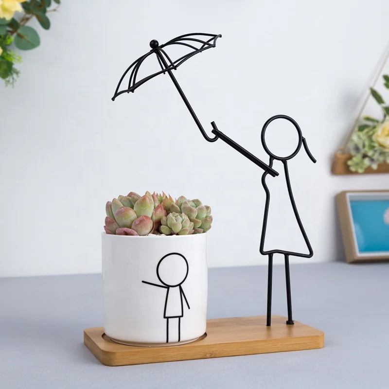 
Ceramic Flowerpot Garden Pot Plant Pot Planter Green Flower OEM White Color with Bamboo Tray 