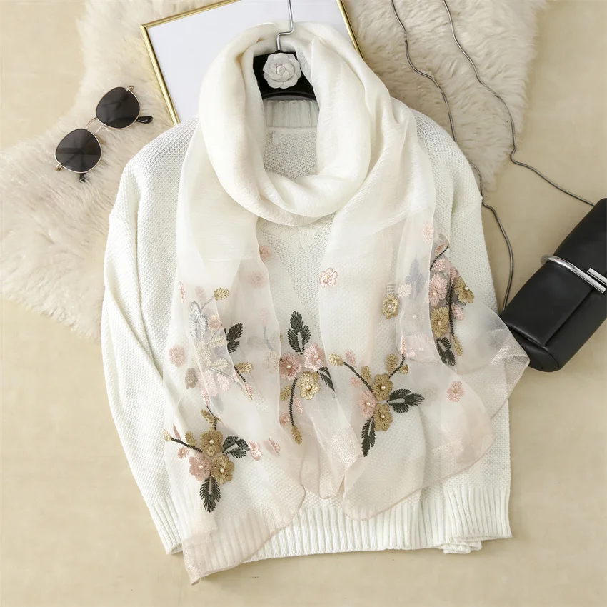 2023 new style silk wool blended silk scarves mulberry silk pashmina embroidered turban ladies scarf shawl