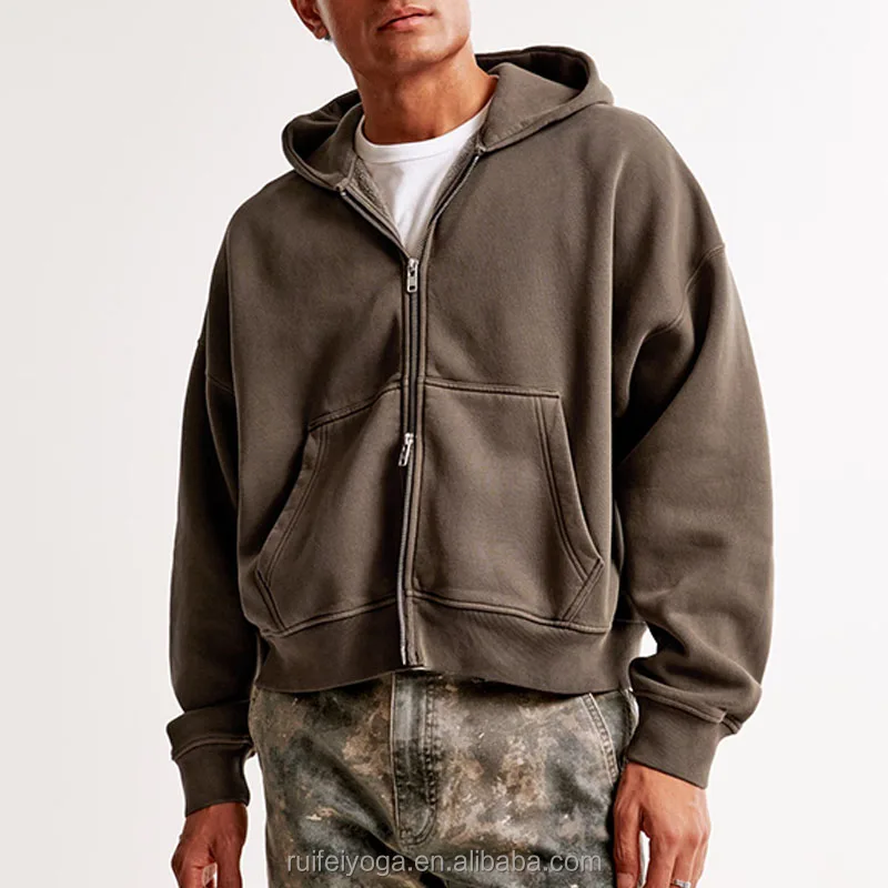 New Custom High Quality Streetwear Blank Heavyweight Oversized 400 gsm French Terry Cotton Fleece Men Cropped Boxy Zip Up Hoodie
