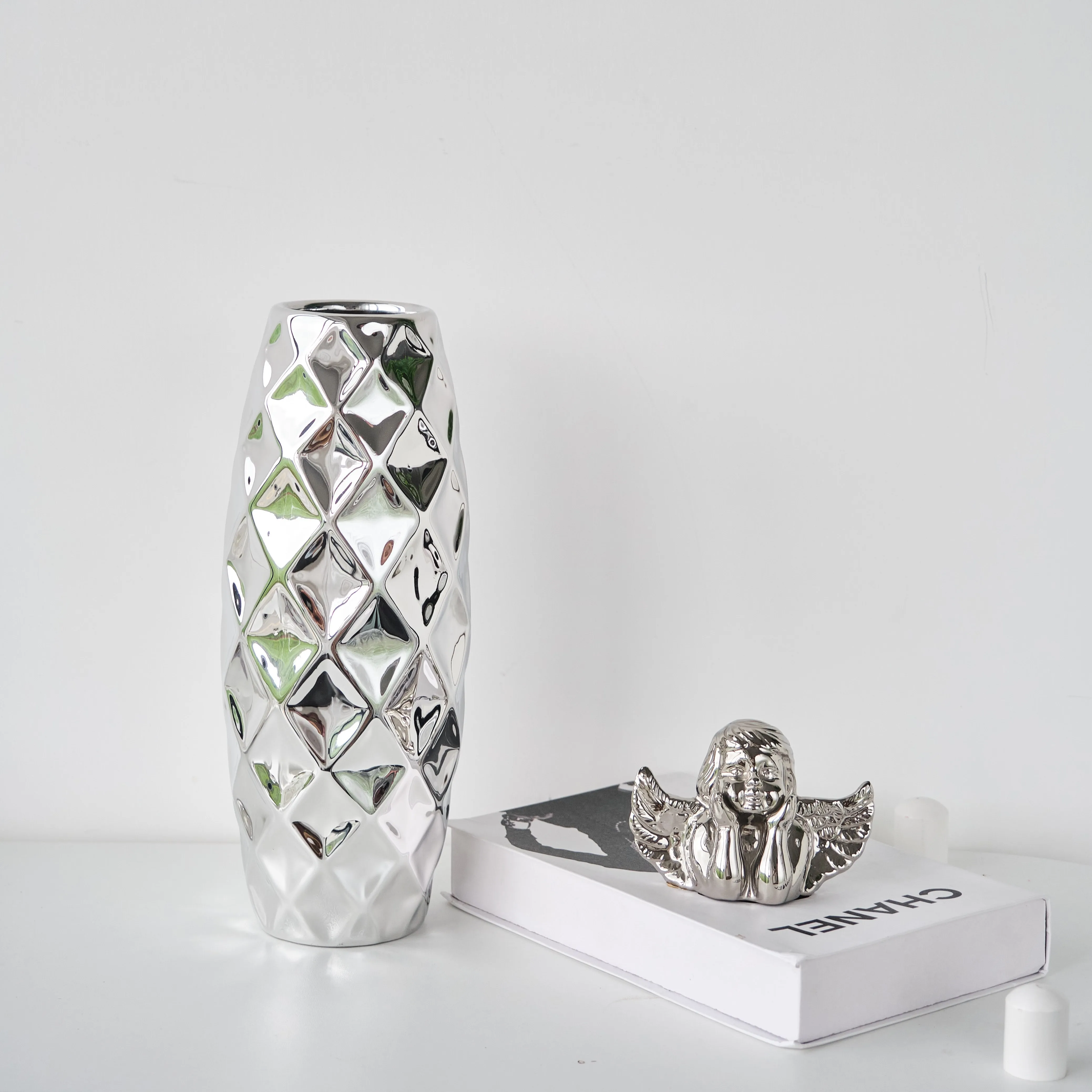 Wedding Ceramic Porcelain Home Decor Vase Luxury Electroplating Diamond Design Silver Vase