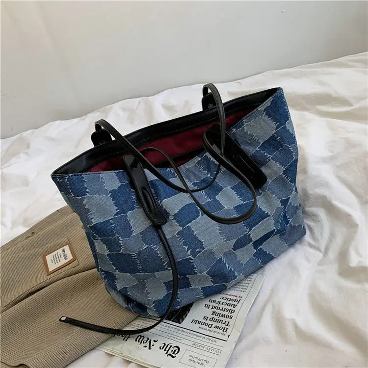 2023 Trendy Handbag Large Capycity Canvas Shoulder Bag Bolso De Mano Hombro Mujer Hot Sell Grid Pattern Oversized Tote Bag