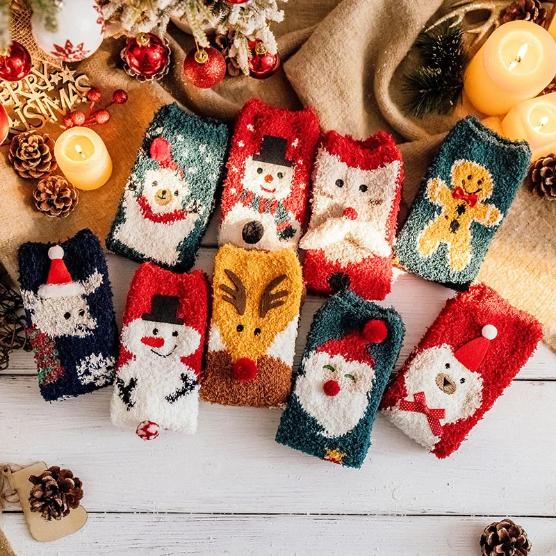 High Quality Christmas Socks Fluffy Fuzzy Coral Fleece Women Indoor Santa Claus Christmas Tree Deer Cute Cartoon Holiday Socks