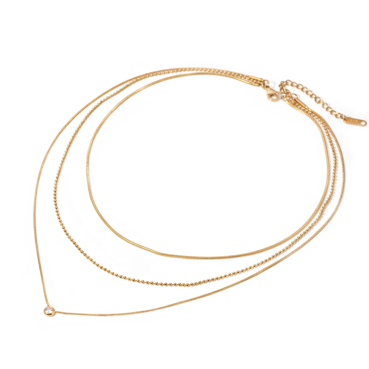 J&D 18K Gold Plated Stainless Steel Three-layer Necklace with a Round White Cubic Zirconia Pendant, 35/40/45+5cm